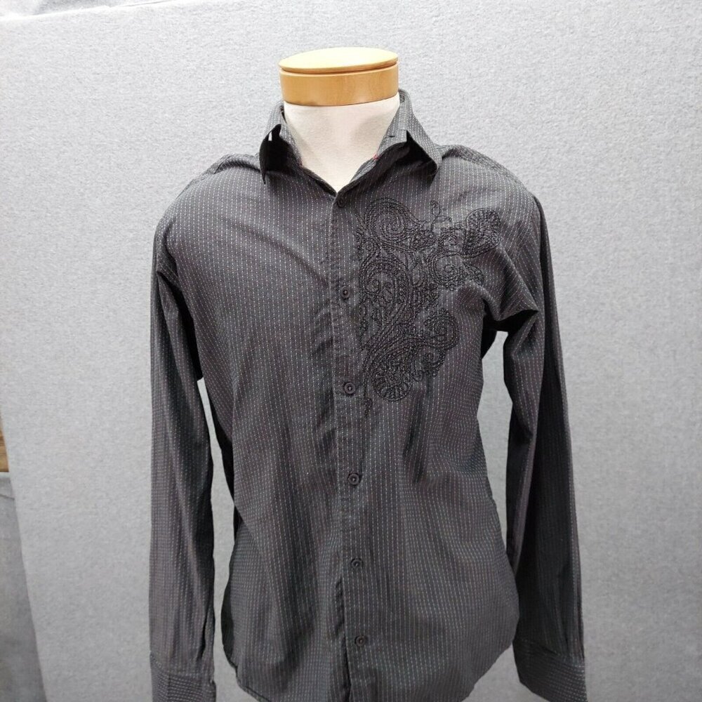 Contigo Men's Size XL ‎ Gray  Striped Long Sleeve Button Trash Polka Embroidered